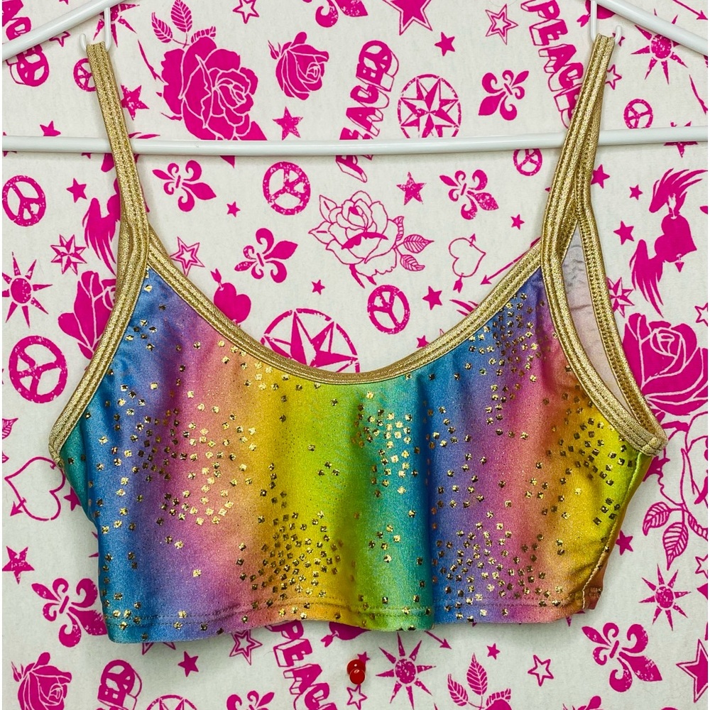 Bralette festival top rainbow with gold sparkle and piping. Size small